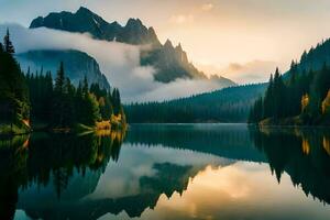 A cloudiness secured mountain lake with evergreen trees reflected on its sparkly surface. Ai Generated photo