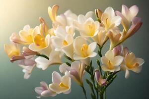 Beautiful freesias, which make a great gift to show gratitude on Mother's Day, have been photographed in a studio using soft and romantic lighting.. Creative resource, photo