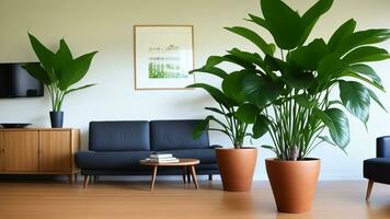 progressed living room with plant, Back darkened bokeh of the room. AI Generated photo