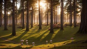 otherworldly timberland filled with shimmering mushrooms, coasting islands, and judgment aptitudes blowing animals. photo