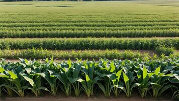 green columns of made corn on a private agrarian field. photo
