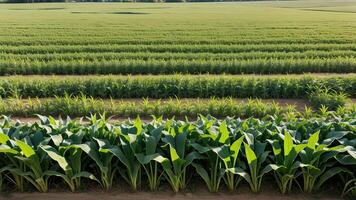 green columns of made corn on a private agrarian field. AI Generated photo