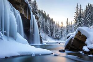 A set waterfall with icicles and snow secured rocks, capturing the center of winter. photo