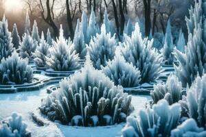 a botanical make changed by winter, with set wellsprings and plants brightened with ice. Creative resource, AI Generated photo