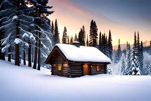 Orchestrate a charming cabin settled in a cold forest, included by towering evergreens. Creative resource, photo