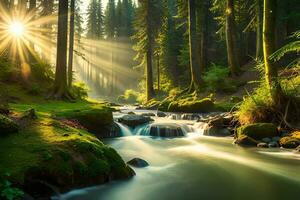 A calm timberland dale with a little stream and daylight sifting through the canopy. AI Generated photo