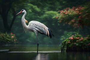 An august crane showcased in calm waterside scenes. Creative resource, AI Generated photo