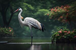 An august crane showcased in calm waterside scenes. Creative resource, photo
