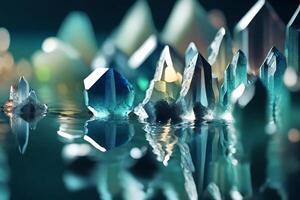 Precious stones on water large scale uncovers valuable diamonds. Magical reflections cast a mysterious gleam. Creative resource, AI Generated photo