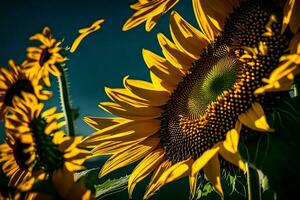 Close-up picture of a happy-looking sunflower, showing how nature's creations can withstand and shine in the sunlight.. Creative resource, AI Generated photo