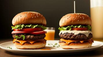 Delightful burger with different fixings confined on white foundation. AI Generated photo