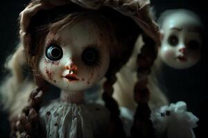 Unsavory dolls, startling huge scale highlighting spooky highlights. Creative resource, AI Generated photo