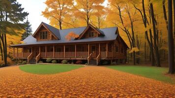 natural cabin settled in the midst of tall trees and encompassed by a carpet of harvest time takes off. AI Generated photo