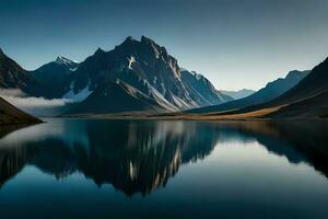 un calma lago reflejando el brillante montaña picos ese cemento él. ai generado foto