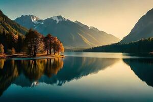 Appear a calm lake or lake reflecting the heavenliness of the passing year and the freshness of the show day one. photo
