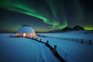 Organize an observatory with telescopes pointed at the night sky, capturing the charm of the Northern Lights. Ai Generated photo