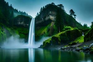 A imperial waterfall surrounded by alcoholic greenery and evil , showcasing the baron and collision of nature. Creative resource, AI Generated photo