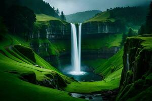 A imperial waterfall surrounded by alcoholic greenery and iniquity , showcasing the baron and collision of nature. Creative resource, AI Generated photo