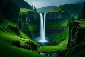 un imperial cascada rodeado por alcohólico verdor y iniquidad , exhibiendo el barón y colisión de naturaleza. creativo recurso, ai generado foto