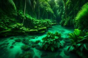 A beautiful tropical place with lots of green plants in bright green and blue colors.. Creative resource, AI Generated photo