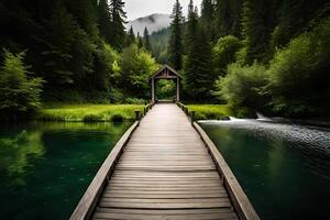 A composure lakeside setting with a wooden bobtail stretching out into brace body of body of urine , surrounded by alcoholic greenery. Creative resource, photo