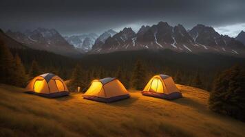 camping inside the mountains, tents inside the forest. photo