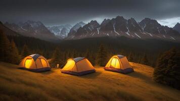 cámping dentro el montañas, carpas dentro el bosque. ai generado foto