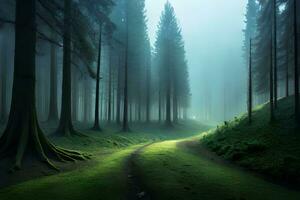 un etéreo bosque asegurado en grueso oscuridad, con arboles apareciendo me gusta oscuridad dentro el bruma. ai generado foto