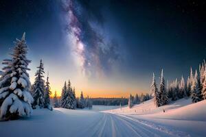Appear off a peaceful scaled down as Santa's sleigh floats through a starry, snow kissed sky. Ai Generated photo