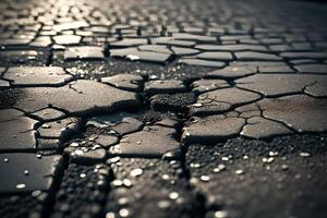 The picture shows a close-up of a damaged road with holes. It symbolizes the lack of attention to our roads and problems with transportation.. Creative resource, AI Generated photo