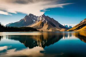 un calma lago reflejando el brillante montaña crestas ese cemento él. ai generado foto