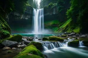 un imperial cascada rodeado por alcohólico verdor y maléfico , exhibiendo el barón y colisión de naturaleza. creativo recurso, ai generado foto