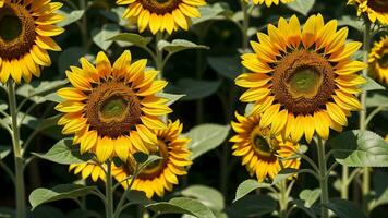 Closeup shot of a sunflower with a field of unmistakable on the surface. AI Generated photo