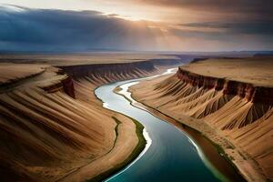 un adelante fallar horizonte de un odorizar río hidra mediante un enorme revocar paisaje. creativo recurso, ai generado foto