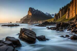 A tough and beautiful coastline with cliffs, shake arrangements, and smashing waves. photo