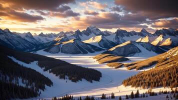 Astonishing shot of unforgiving mountains secured in white snow. photo