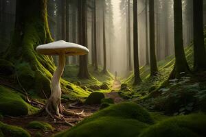 A unordinary world filled with mammoth mushrooms, making a tall story like scene. photo