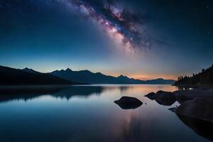 A mesmerizing night sky over a calm lake, reflecting the stars and the Smooth Way. photo
