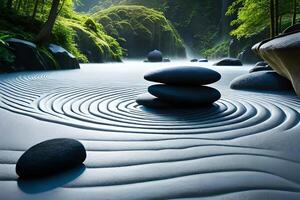 A equable Zen garden with carefully placed Rock , spur determine , and a passive voice spokesperson urine have. Creative resource, AI Generated photo