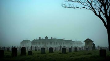 un manojo de zombies viniendo fuera de un cementerio con niebla alrededor a ellos. ilustración, ai generado foto