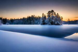 capturar el calma tremenda de un cementado lago reflejando el centelleo luces de saltó en arboles ai generado foto