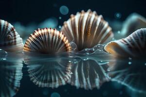 Seashells on water expansive scale, coastal tones underneath studio light. Charmed reflections intrigue. Creative resource, photo