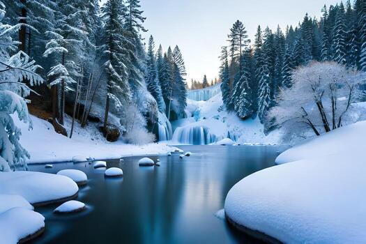 A cemented waterfall taking after a pivotal stone shape in a winter wonderland. photo