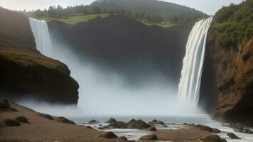 compelling waterfall cascading downsetting cliffs, with haze rising from the affect. AI Generated photo