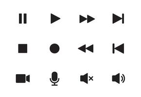 audio, video, música jugador botón icono. sonido control, jugar, pausa botón sólido icono colocar. cámara, medios de comunicación control, micrófono interfaz pictograma. vector