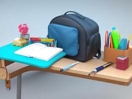 School desk with bag and school accessory on with copy space 3D Rendering, 3D Illustration. ai generated photo