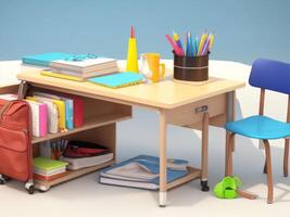 School desk with bag and school accessory on with copy space 3D Rendering, 3D Illustration. ai generated photo