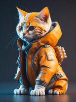 isometric view of a MINI cute hyperrealistic futuristic soldier cat wearing cyberpunk jacket. ai generated photo