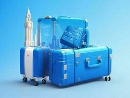 Blue suitcase full of landmarks and travel accessory on 3D Rendering, 3D Illustration. ai generated photo