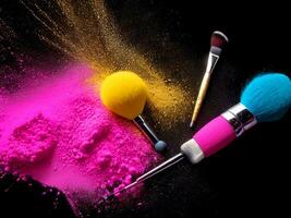 Cosmetic brushes and explosion colorful powders on black background. Make up brush with powder. ai generated photo